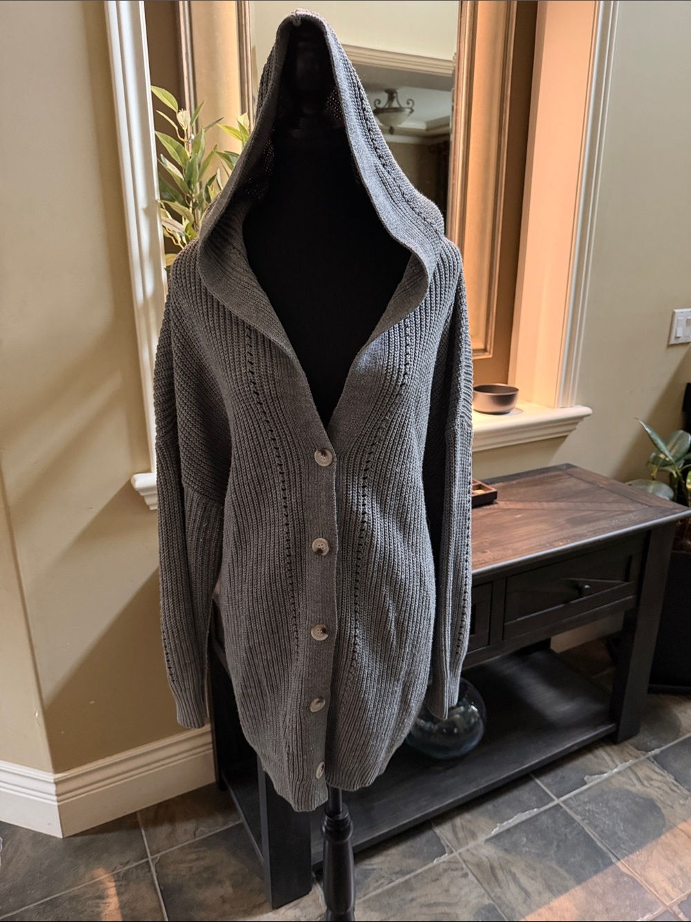 SHEIN Gray Hooded Ribbed Knit Button-up Cardigan